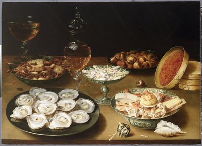 Nature morte avec huîtres, sucreries et châtaignes rôties - Osias the Elder Beert